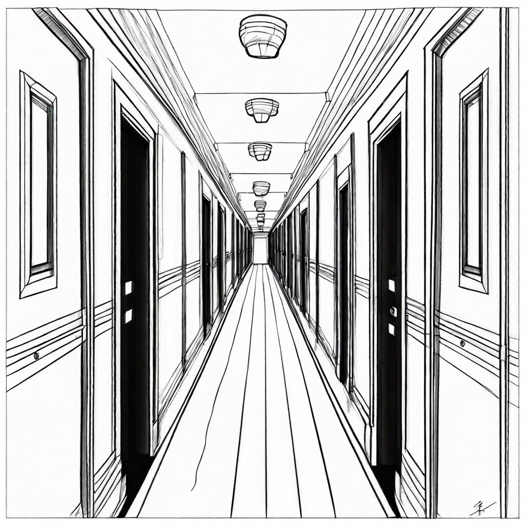 a creepy long corridor with doors slightly ajar