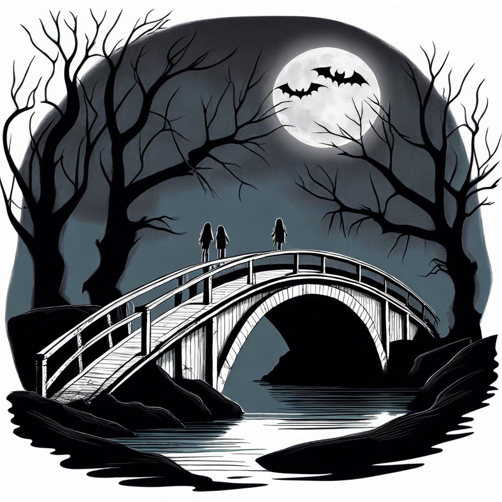 a decrepit bridge with ghostly figures underneath