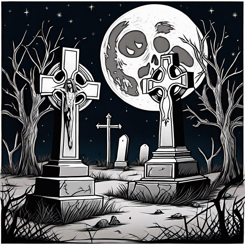 a decrepit graveyard under a full moon