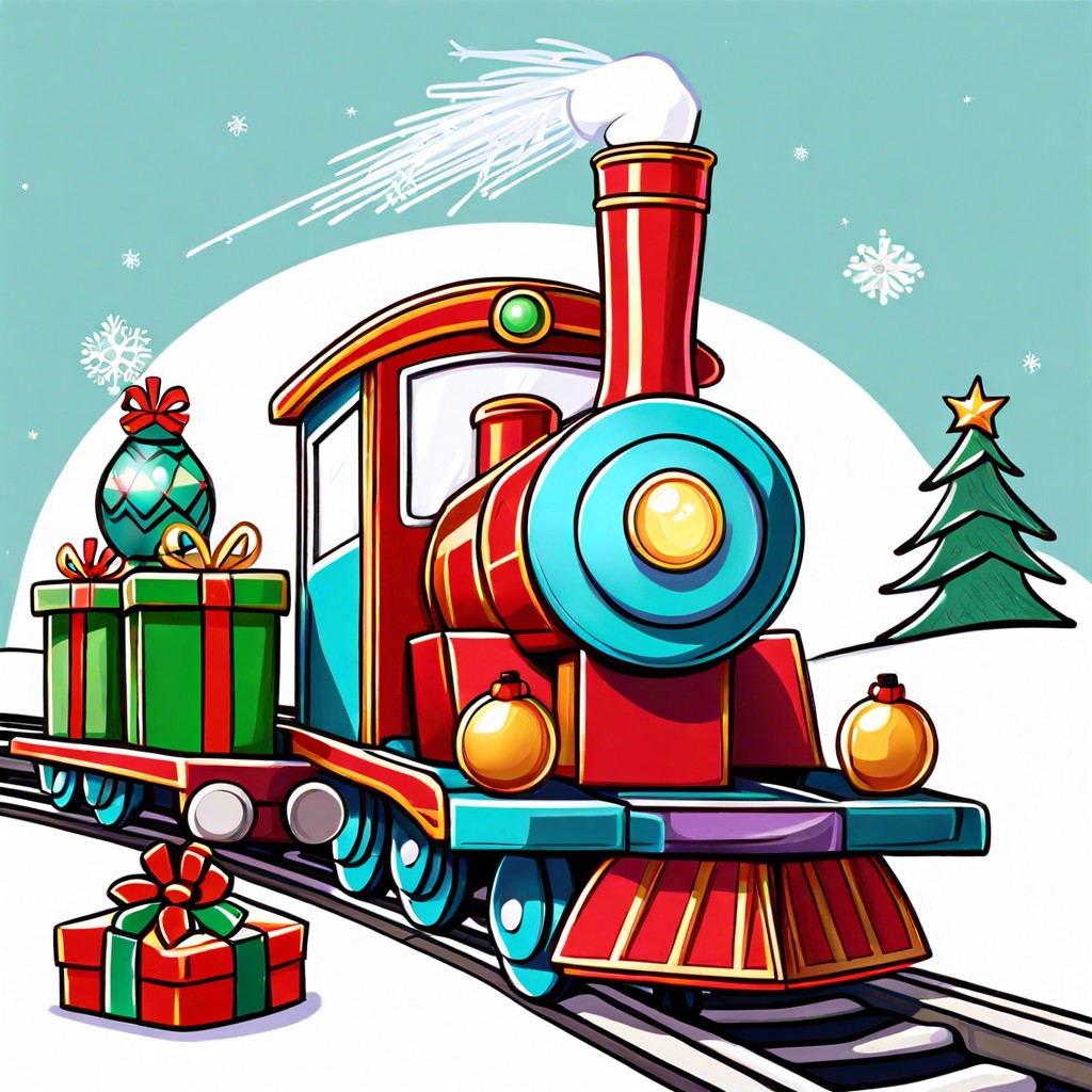a festive train carrying presents and holiday characters