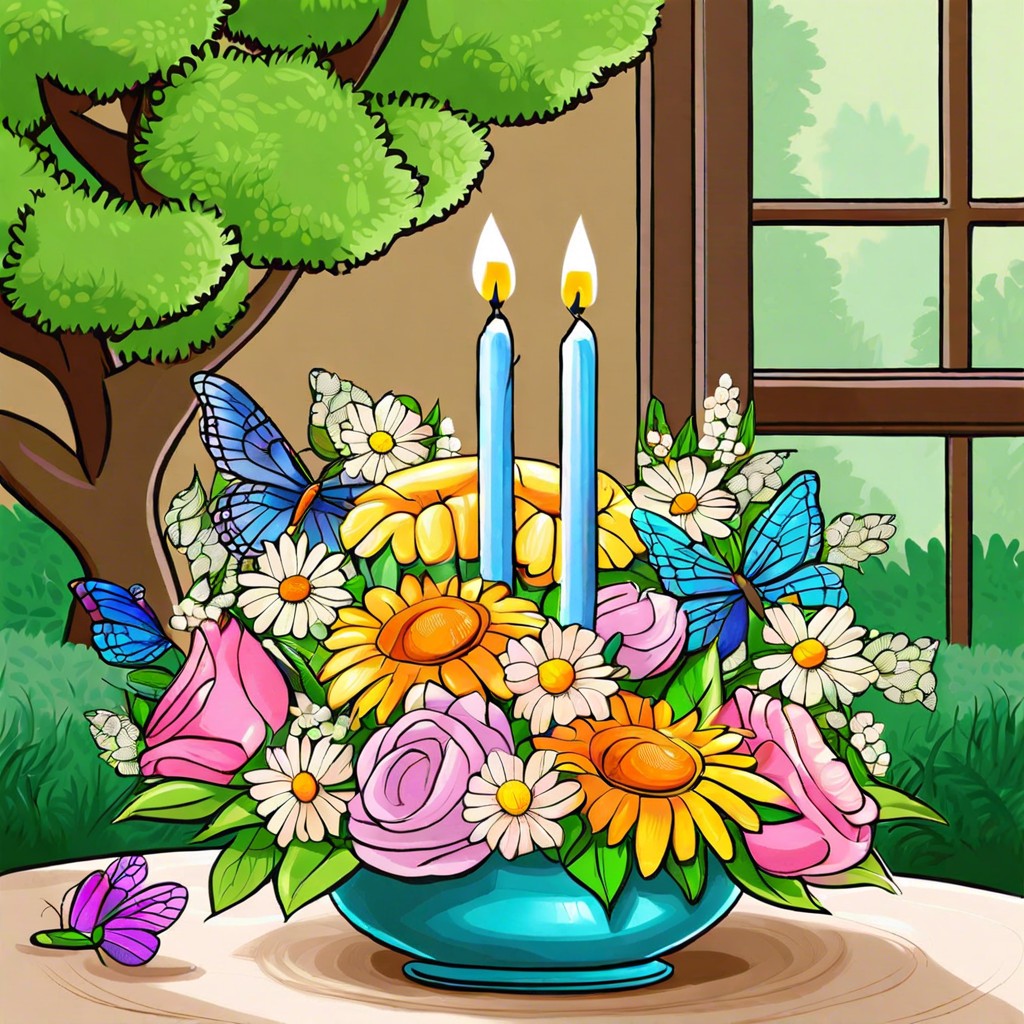 a garden where flowers are lit birthday candles