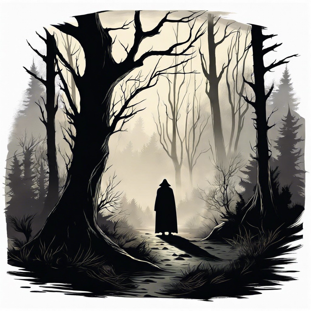 a shadowy figure in a mist filled forest