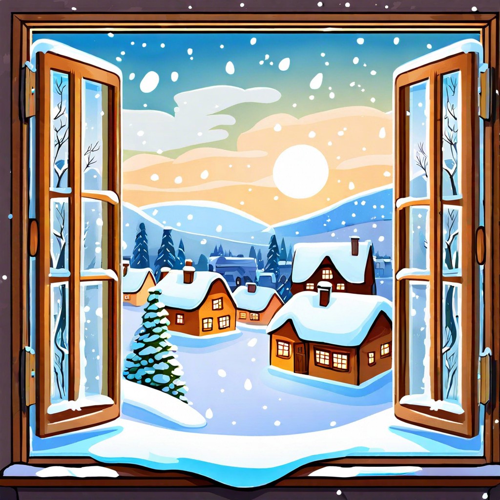 a snowy village scene seen through a frosted window