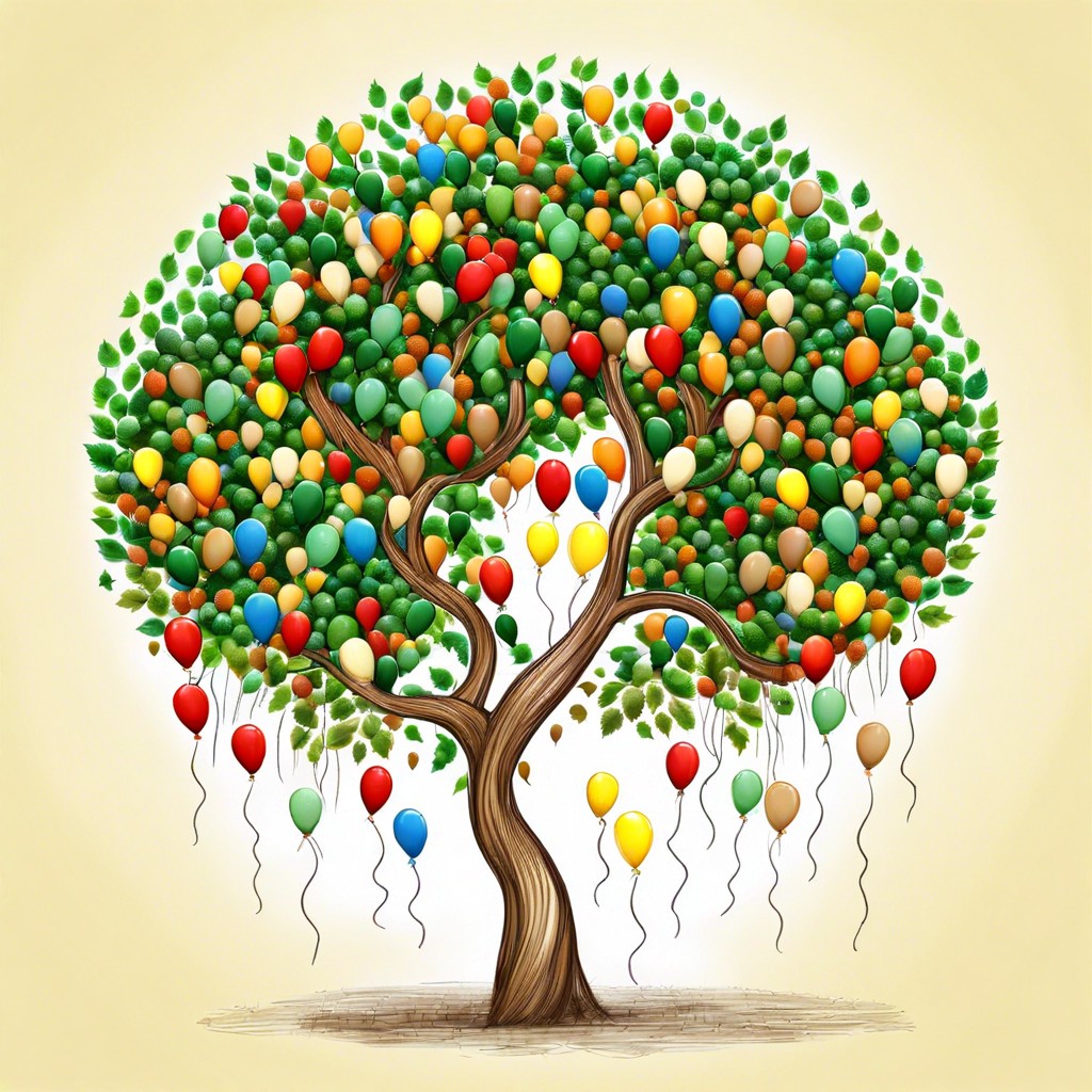 a tree with leaves made of tiny birthday balloons