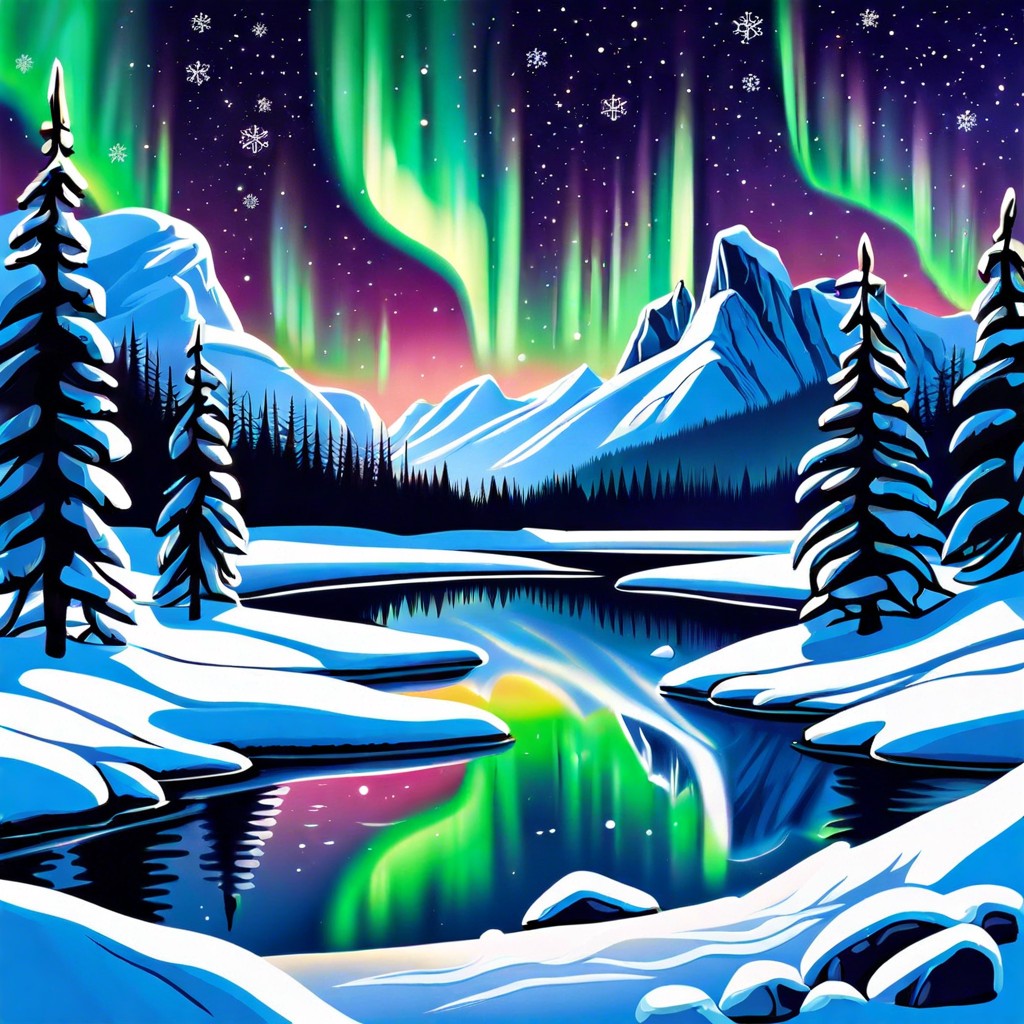 a winter landscape with northern lights in the sky