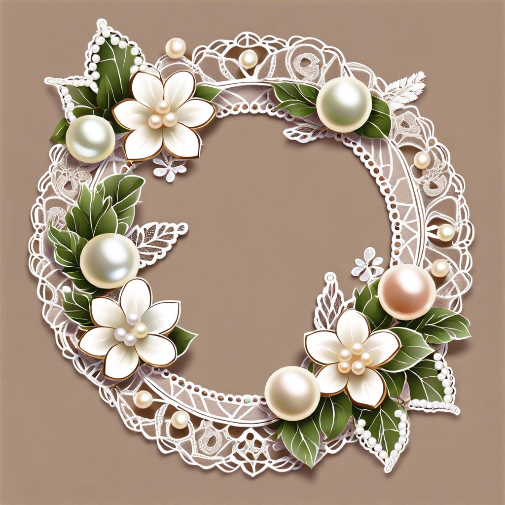 a wreath made of drawn lace and pearls