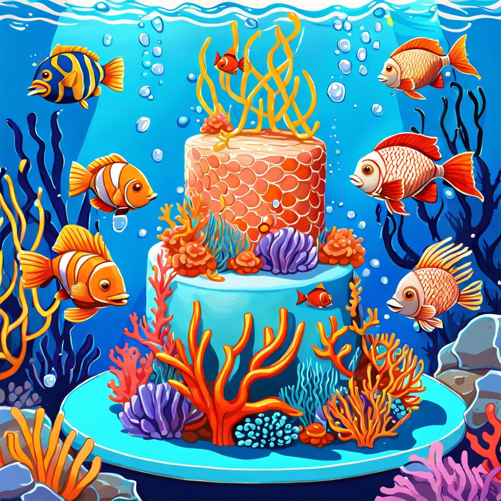 an underwater scene with fish celebrating around a coral cake