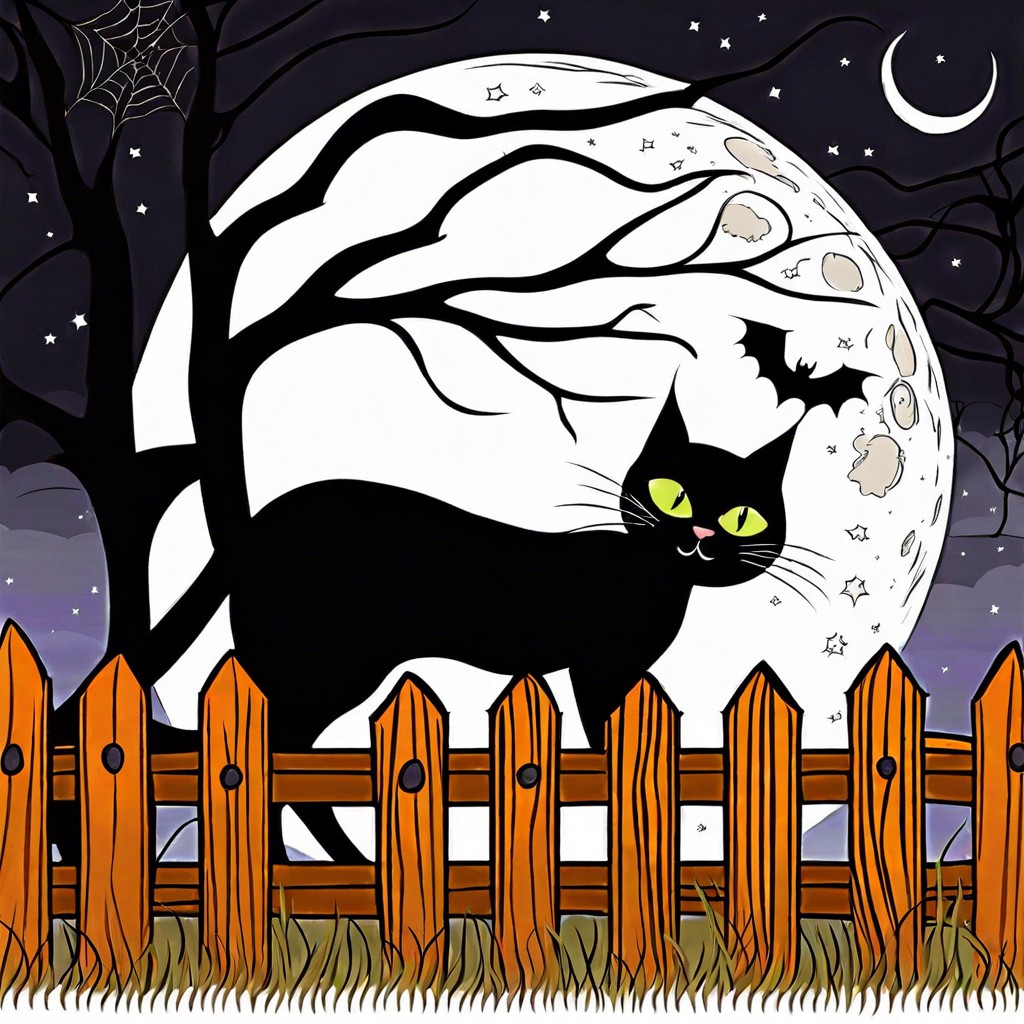 black cat sitting on a moonlit fence