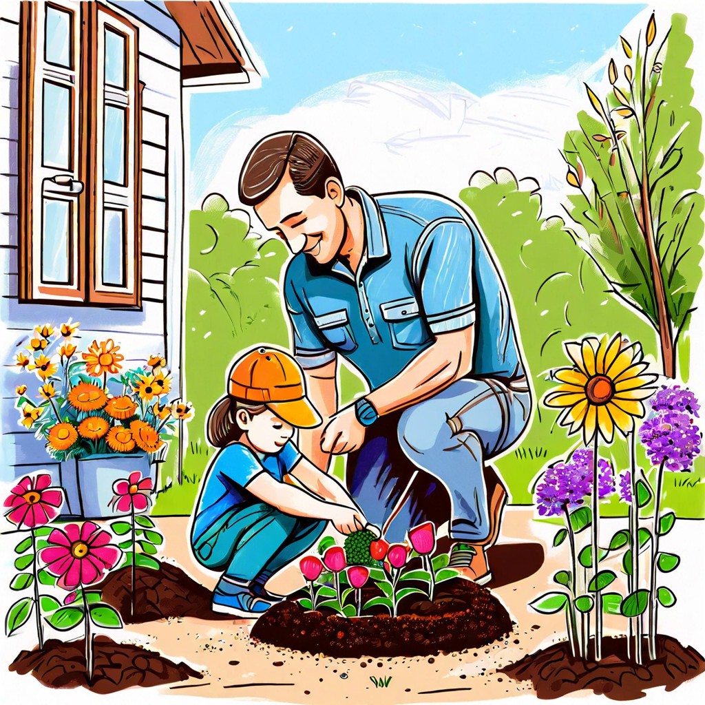 dad and child gardening together