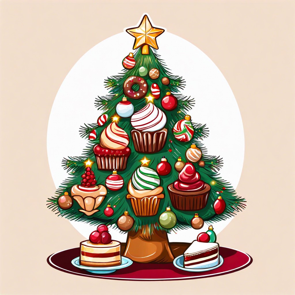 dessert themed tree with ornaments of cupcakes candies and gingerbread