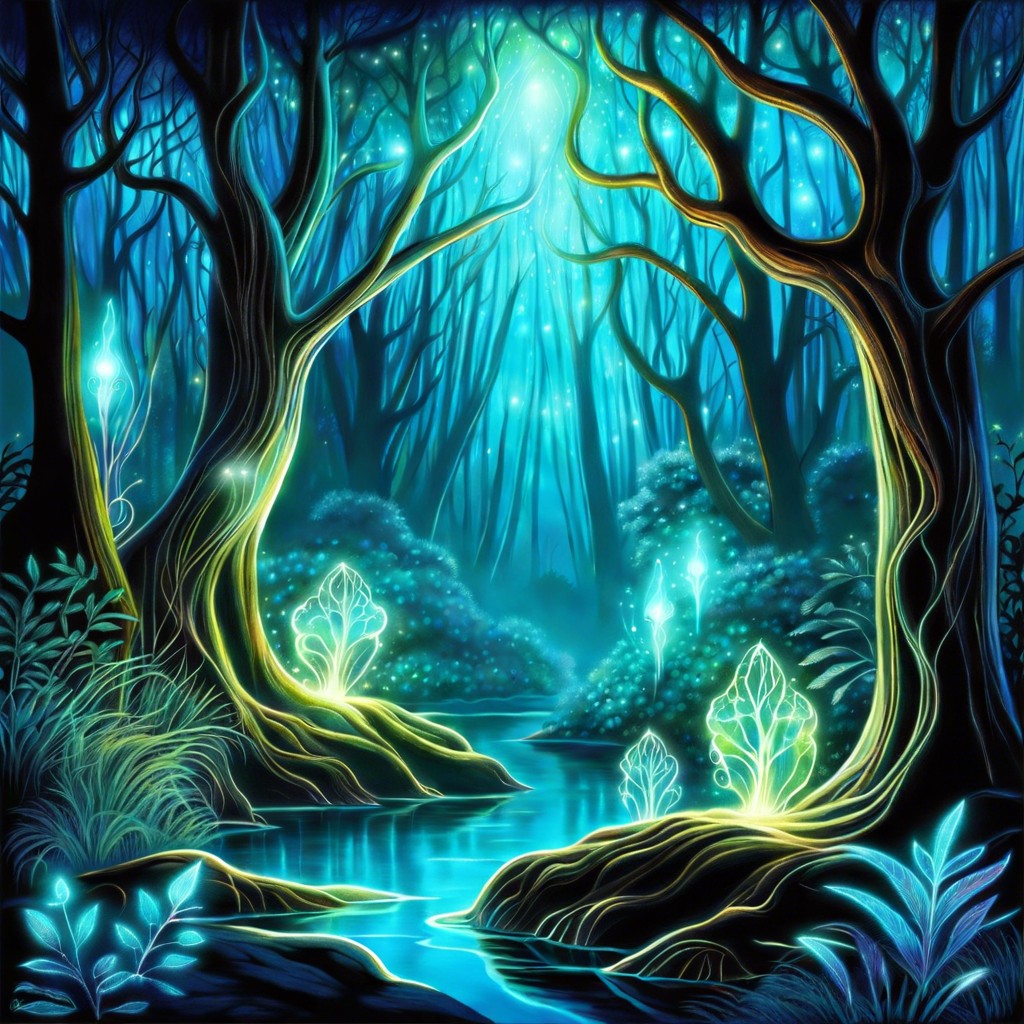ethereal forest with glowing translucent trees
