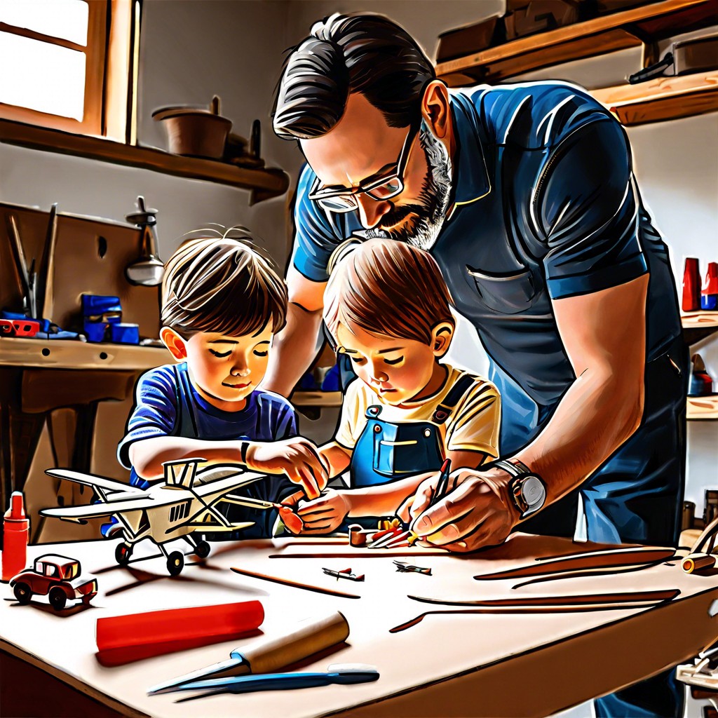 father and child building a model airplane