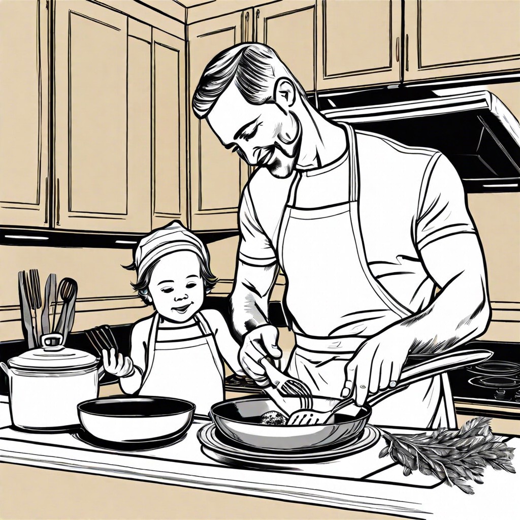father and child cooking in the kitchen