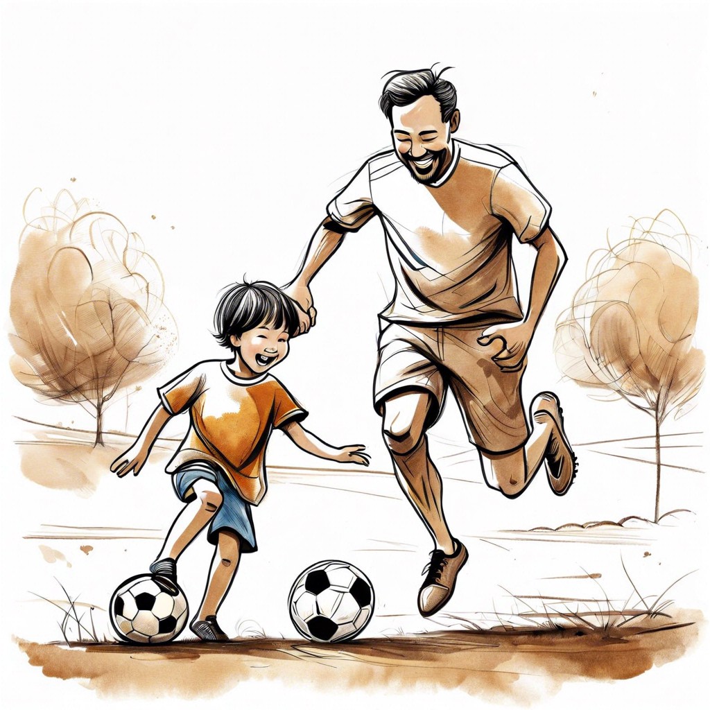 father and child playing soccer