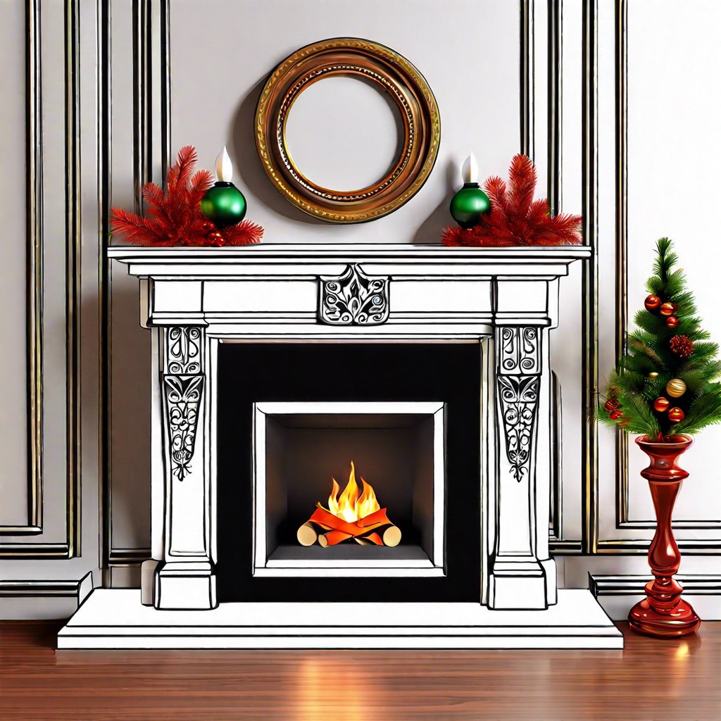 fireplace mantel decorated with stockings drawn in 3d perspective
