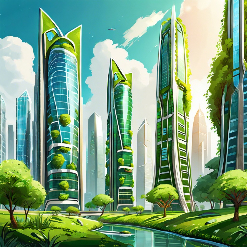 futuristic cityscape with eco friendly skyscrapers