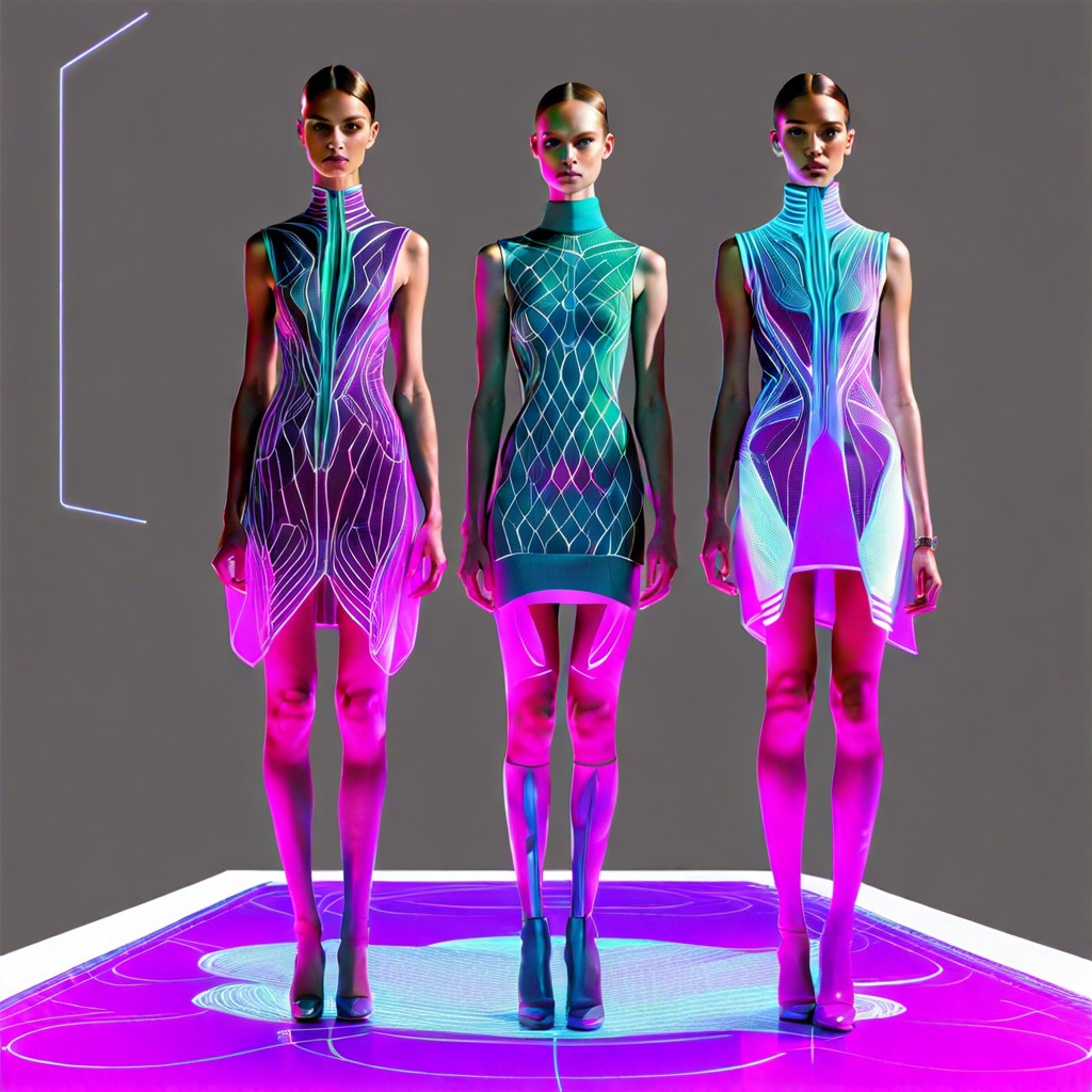 high tech fashion runway with interactive color changing fabrics