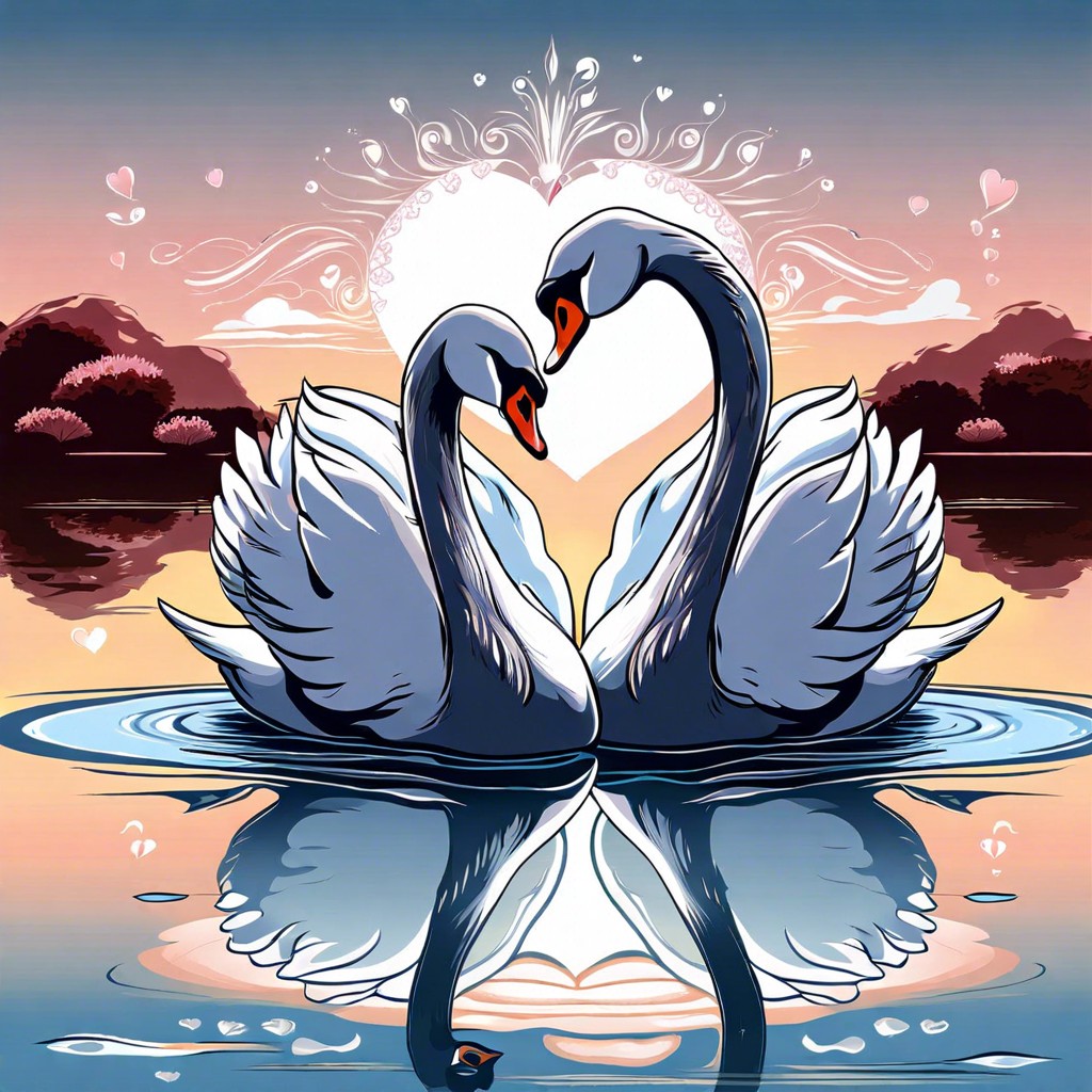 pair of swans forming a heart