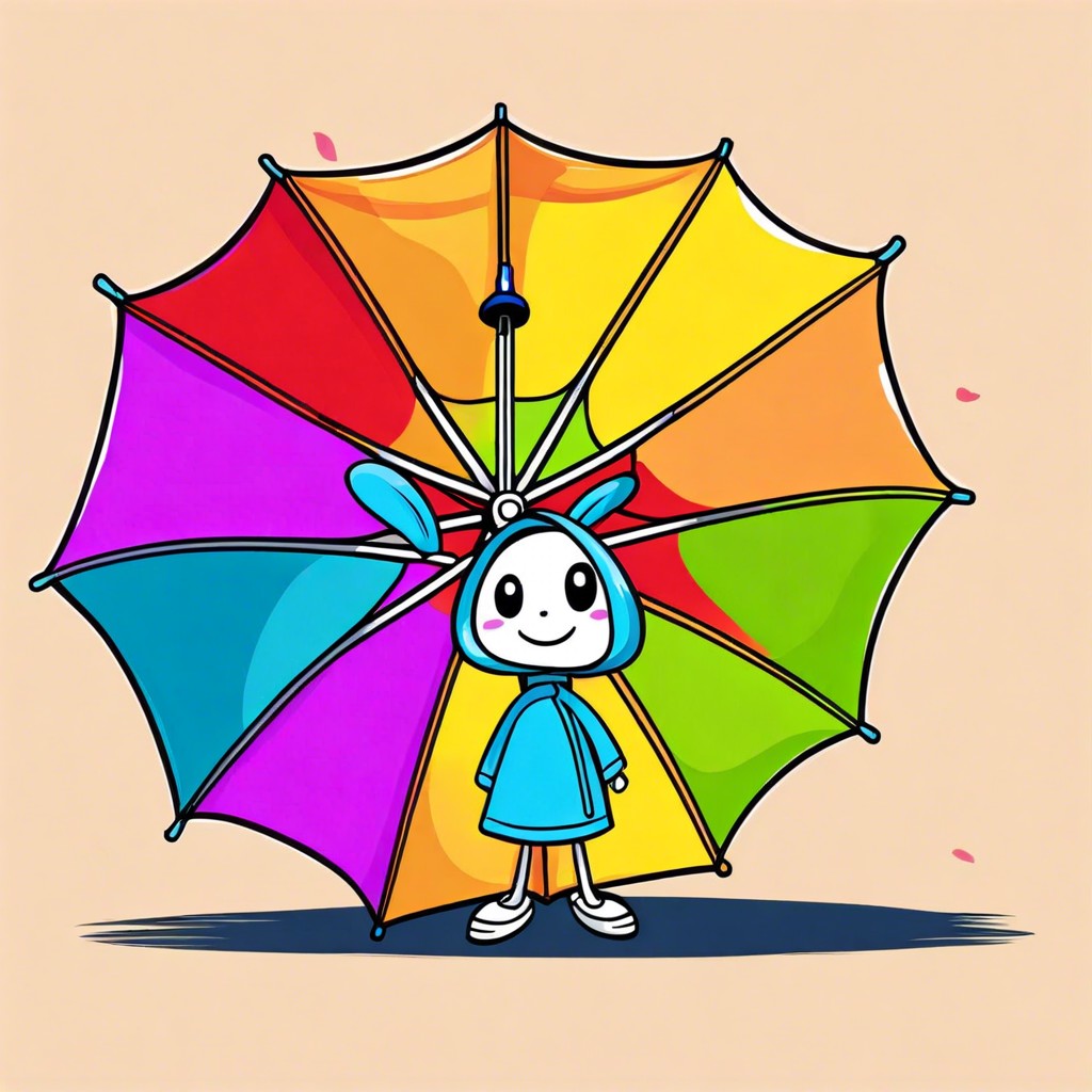 peeking out from behind a colorful umbrella