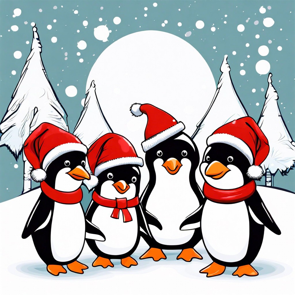 penguins wearing santa hats building a snowman