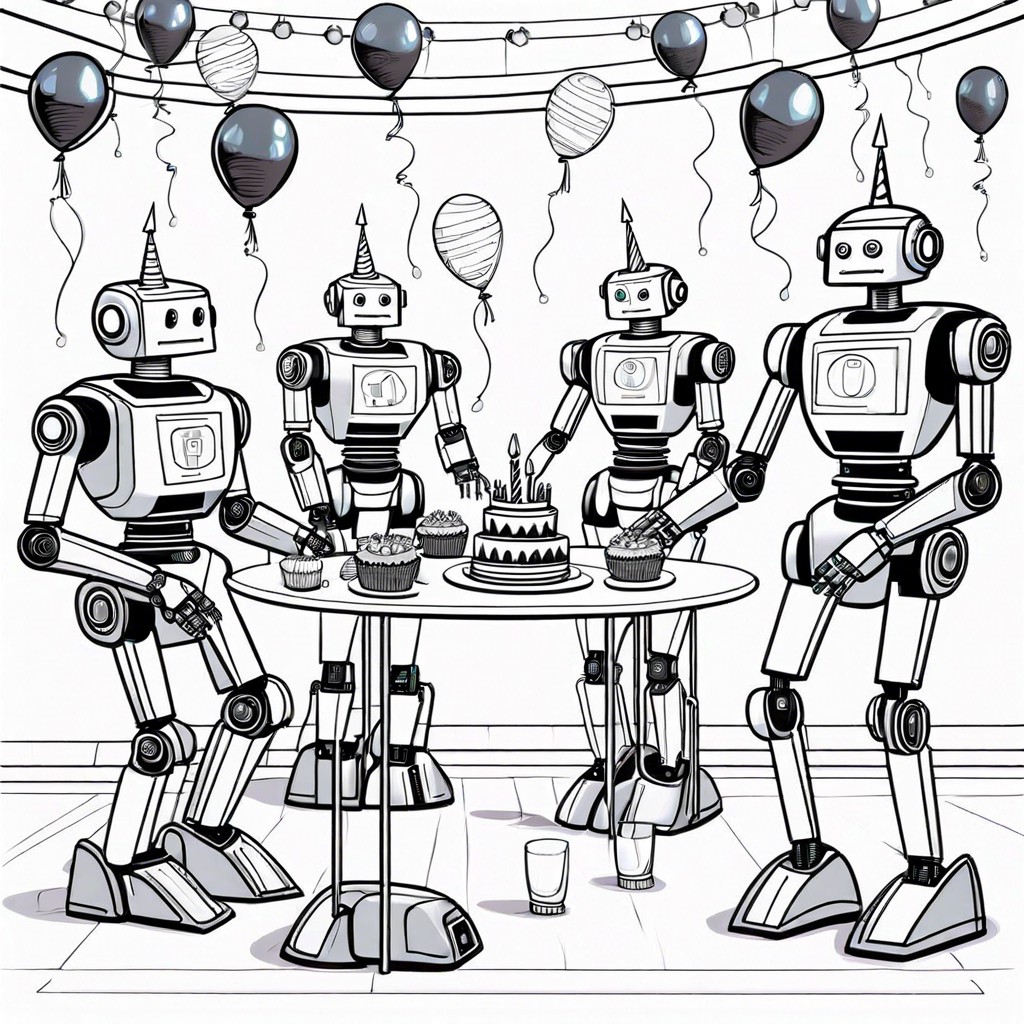 robots preparing a futuristic birthday party