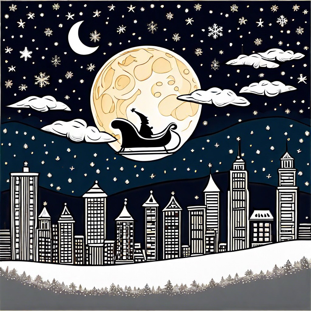 santas sleigh flying over a city skyline at night
