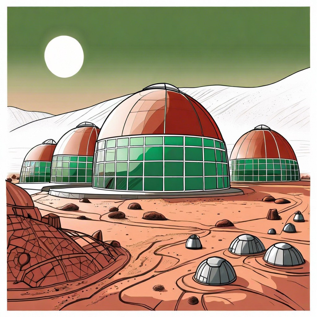 space colony on mars with domed greenhouses and red dust landscapes