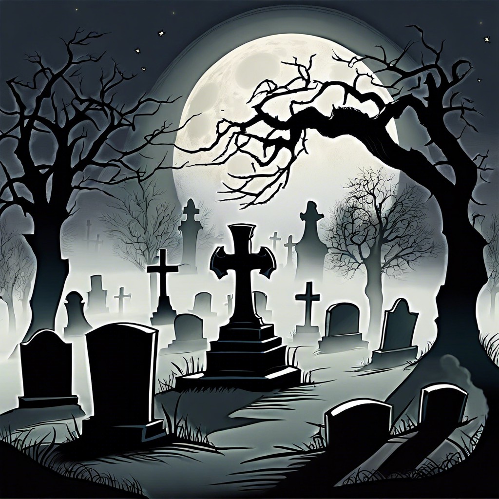 spooky graveyard with crooked tombstones