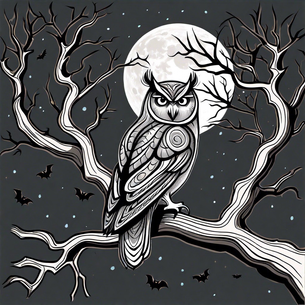 spooky owl on a branch
