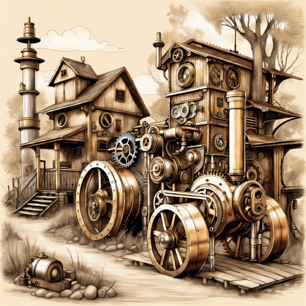 steampunk village with vintage machinery and rustic gear systems