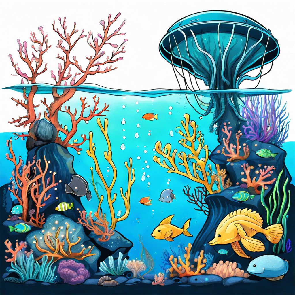 underwater habitat with bioluminescent plants and animals