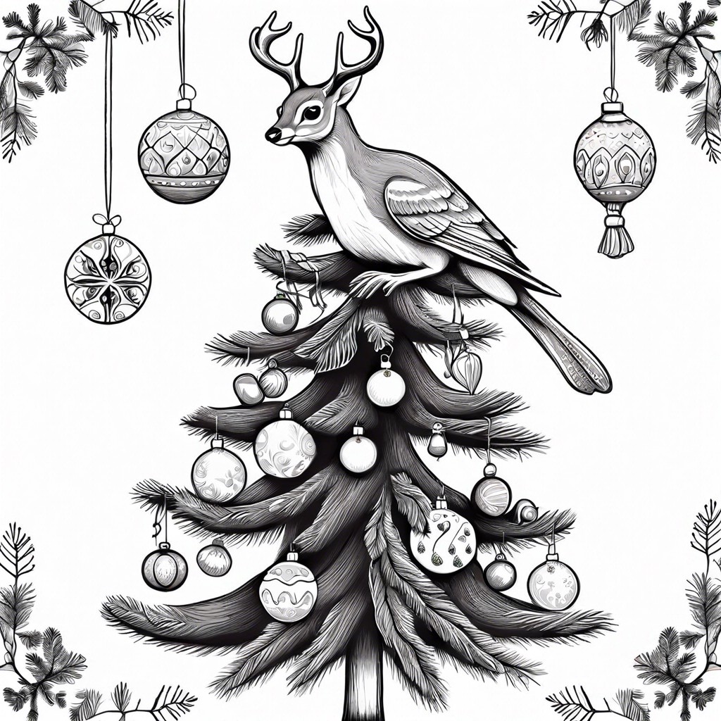 wildlife tree featuring bird deer and squirrel ornaments in a forest setting