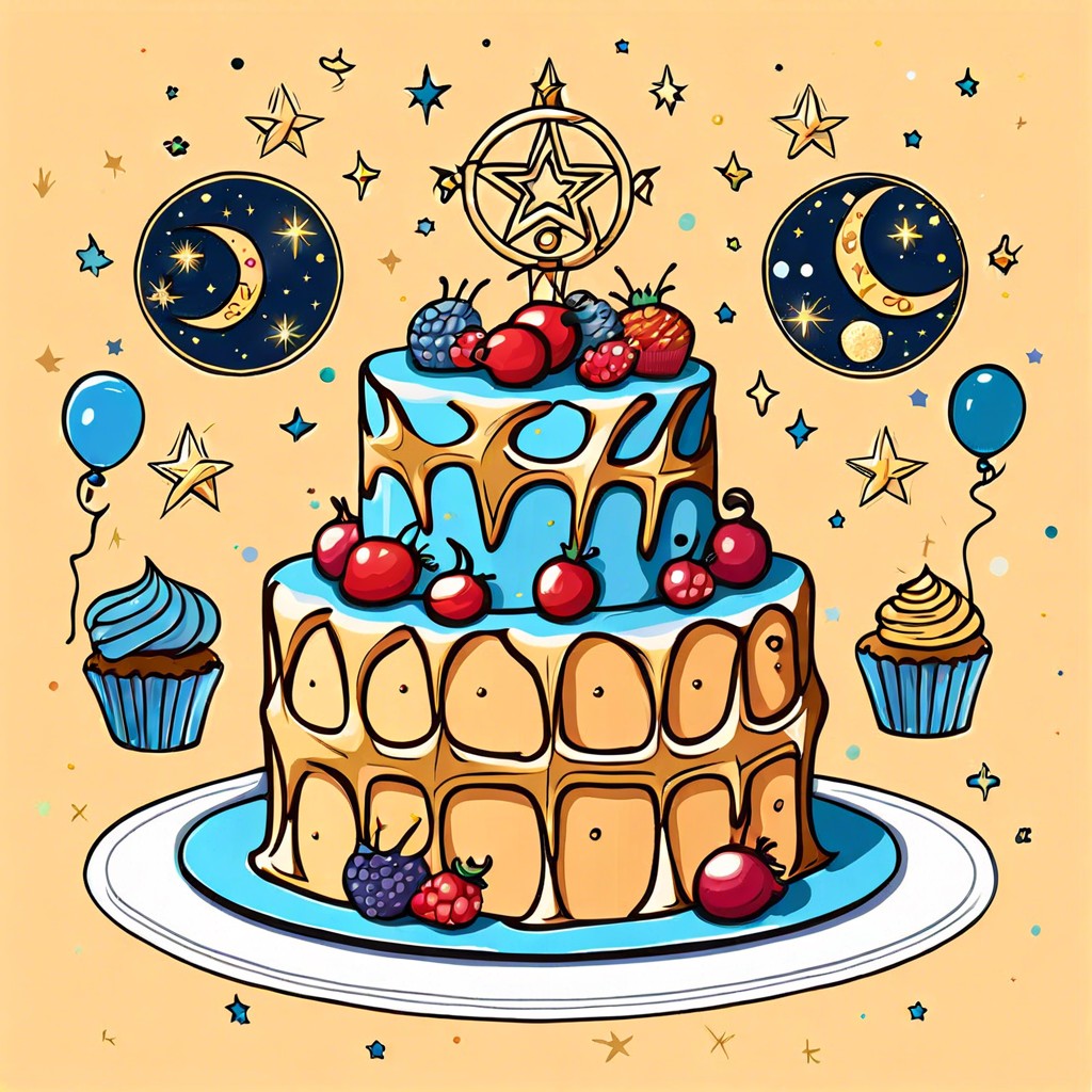 zodiac signs celebrating around a star shaped cake