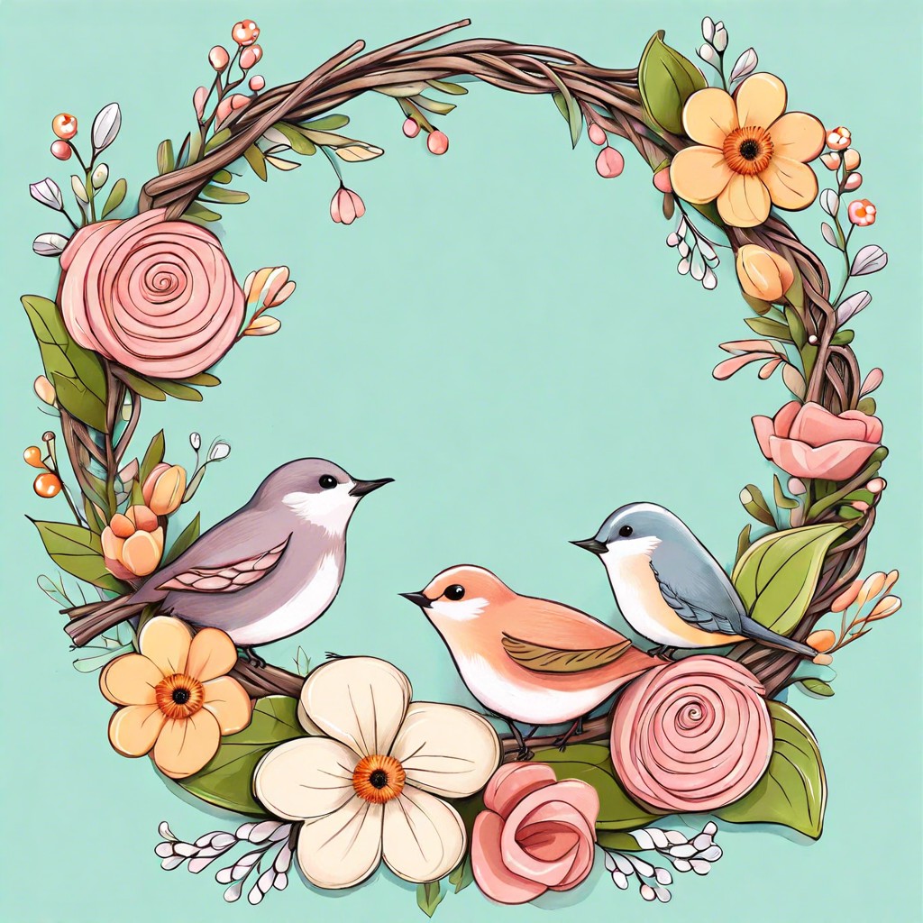 floral wreaths with tiny birds